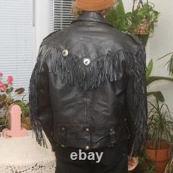 Black Leather Jacket Vintage Southwestern Biker Moto YKK Full Zip, Fringe L/48