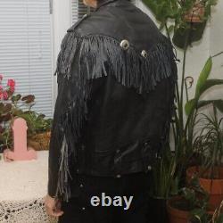 Black Leather Jacket Vintage Southwestern Biker Moto YKK Full Zip, Fringe L/48