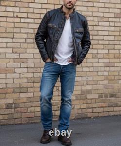Black Rivet Real Leather Jacket Mens Large Antique Retro Biker Distressed Black