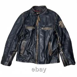 Black Rivet Real Leather Jacket Mens Large Antique Retro Biker Distressed Black