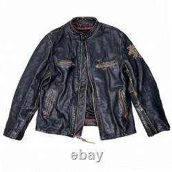 Black Rivet Real Leather Jacket Mens Large Antique Retro Biker Distressed Black