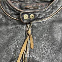 Black Rivet Real Leather Jacket Mens Large Antique Retro Biker Distressed Black