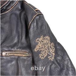 Black Rivet Real Leather Jacket Mens Large Antique Retro Biker Distressed Black
