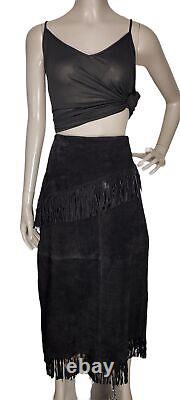 Boho Black Suede Full Length Western Fringe High-Waist Cowgirl Skirt Vintage