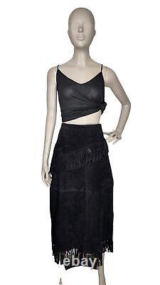 Boho Black Suede Full Length Western Fringe High-Waist Cowgirl Skirt Vintage