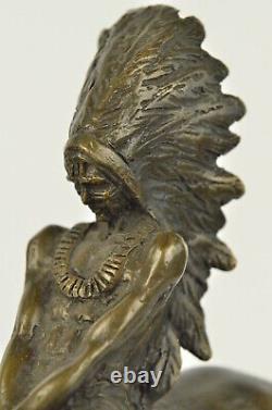 Bronze Marble Statue Native American Indian Chief Horse Sculpture Art Decor LRG