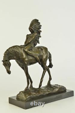 Bronze Marble Statue Native American Indian Chief Horse Sculpture Art Decor LRG
