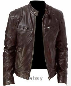 Cafe Racer Biker Leather Black & Brown Soft Sheep Skin Leather Motorcycle Jacket