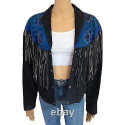 Chasser Fringe Leather Jacket Womens Large Western Black Suede Vintage 90s Boho