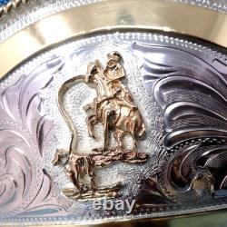 Cowboy Calf Roping Trophy Belt Buckle Lrg Rodeo Vtg Justin Silver Mexico. QRT943