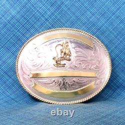 Cowboy Calf Roping Trophy Belt Buckle Lrg Rodeo Vtg Justin Silver Mexico. QRT943