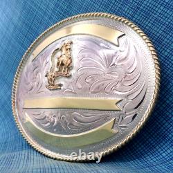 Cowboy Calf Roping Trophy Belt Buckle Lrg Rodeo Vtg Justin Silver Mexico. QRT943