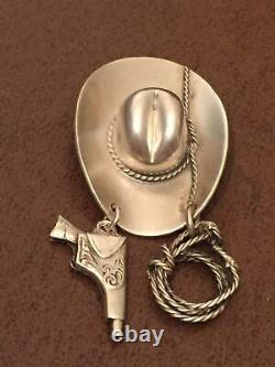 Cowboy Cowgirl Hat Brooch Sterling Silver Lasso Gun Holster Pin Antique Vtg Larg