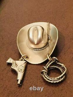 Cowboy Cowgirl Hat Brooch Sterling Silver Lasso Gun Holster Pin Antique Vtg Larg