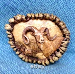 Cowboys Antler Burr Belt Buckle Bighorn Ram Signed Vtg 1985 Glenn L Smith. GMP179