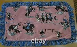 Cowgirl Rodeo on Mauve Vintage Bark Cloth Large Pillow Sham Bandana Print Ruffle