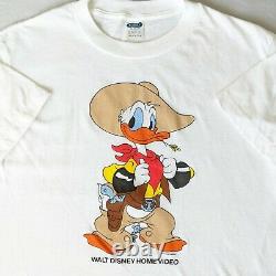 DS 80s Vintage Donald Duck Cowboy Walt Disney Home Video Tshirt Large White Vtg