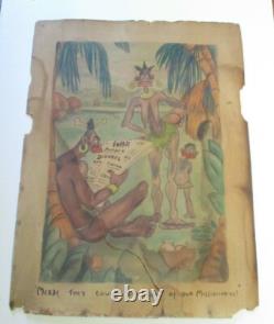 Damaged Painting Antique Illustration For Esquire Satire Large Wpa Era Tribal