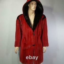 Dion$8000sz M/lgenuine Mink Fur Vintage Red Black Hooded Coat Jacket Parka