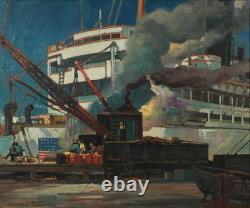 Einar Petersen (1885-1986) Los Angeles Dock Scene Flag Painting WPA 1940