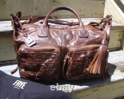 FRYE Dark Brown Leather Boho Handbag Satchel Shoulder Woven Large Tote Hobo Rare
