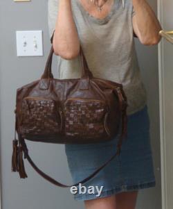 FRYE Dark Brown Leather Boho Handbag Satchel Shoulder Woven Large Tote Hobo Rare