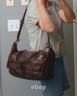 FRYE Dark Brown Leather Boho Handbag Satchel Shoulder Woven Large Tote Hobo Rare