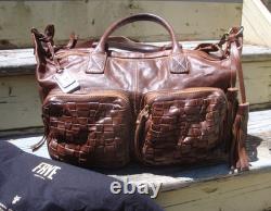FRYE Dark Brown Leather Boho Handbag Satchel Shoulder Woven Large Tote Hobo Rare