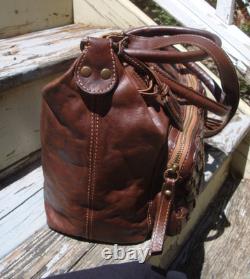 FRYE Dark Brown Leather Boho Handbag Satchel Shoulder Woven Large Tote Hobo Rare