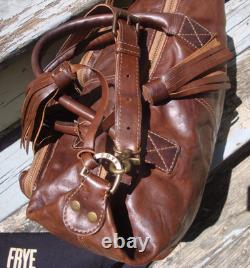 FRYE Dark Brown Leather Boho Handbag Satchel Shoulder Woven Large Tote Hobo Rare