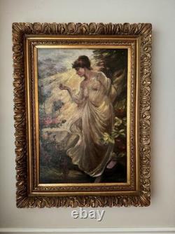 Fine Classical Nude Figurative Oil Painting Floral Crown Vtg Antique Style