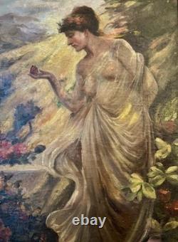 Fine Classical Nude Figurative Oil Painting Floral Crown Vtg Antique Style