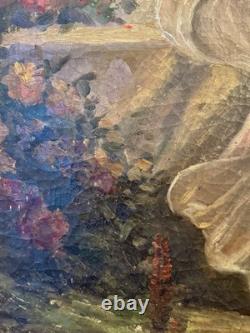 Fine Classical Nude Figurative Oil Painting Floral Crown Vtg Antique Style