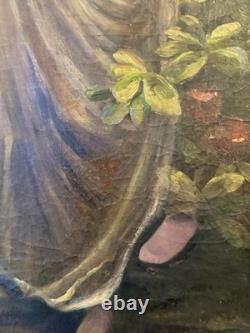 Fine Classical Nude Figurative Oil Painting Floral Crown Vtg Antique Style