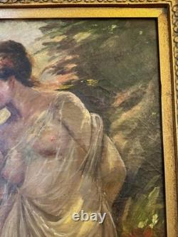 Fine Classical Nude Figurative Oil Painting Floral Crown Vtg Antique Style
