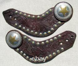 Fine Large Old Hand Tooled Batwing Texas Star Spur Straps