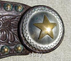 Fine Large Old Hand Tooled Batwing Texas Star Spur Straps