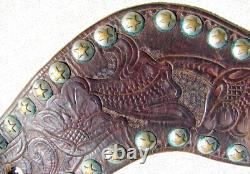 Fine Large Old Hand Tooled Batwing Texas Star Spur Straps
