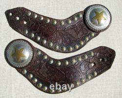 Fine Large Old Hand Tooled Batwing Texas Star Spur Straps