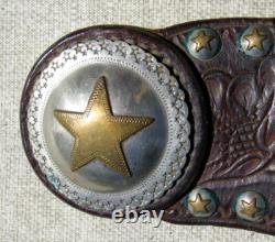 Fine Large Old Hand Tooled Batwing Texas Star Spur Straps
