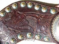 Fine Large Old Hand Tooled Batwing Texas Star Spur Straps