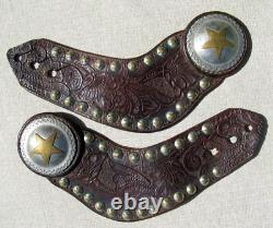 Fine Large Old Hand Tooled Batwing Texas Star Spur Straps