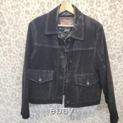 G-III Vintage Black Suede Leather Western Trucker Jacket Quilted Lined LARGE