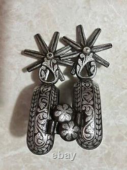 GORGEOUS ANTIQUE Mexican Chihuahua Large Silver Inlaid Spurs-E/C