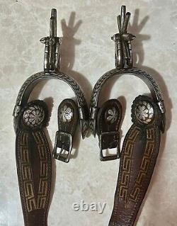 GORGEOUS ANTIQUE Mexican Chihuahua Large Silver Inlaid Spurs-E/C