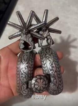 GORGEOUS ANTIQUE Mexican Chihuahua Large Silver Inlaid Spurs-E/C