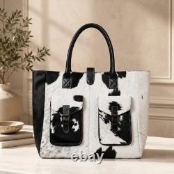 Genuine Hair-On Cowhide Leather Tote Bag Black White Western Extra Large Handbag