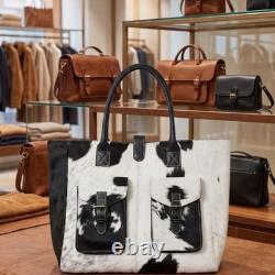 Genuine Hair-On Cowhide Leather Tote Bag Black White Western Extra Large Handbag