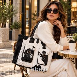 Genuine Hair-On Cowhide Leather Tote Bag Black White Western Extra Large Handbag