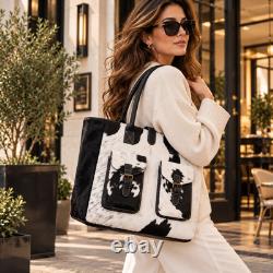 Genuine Hair-On Cowhide Leather Tote Bag Black White Western Extra Large Handbag